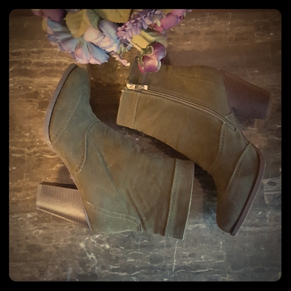 M & L Olive Green Faux Suede Ankle Booties